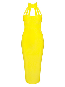 Robe Bodycon jaune Halter bretelles Cut Out Party Dress