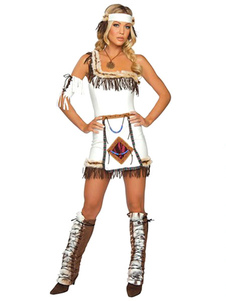Indiens aborigènes Costume Costume Toussaint Cosplay Costume blanc Polyester à une seule épaule blan