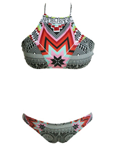 Bikini multicolore Halter bretelles impression lacets Polyester maillot de bain pour femmes