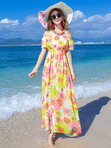 Robe d’été en mousseline de soie Off-The-Shoulder de robe Maxi imprimé Floral jaune