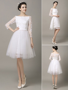 Panneau Train mariée courte robe Bateau Lace Applique ruban Sash Tulle robe de bal