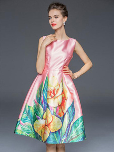 Flare rose robe florale impression Slim Fit acétate