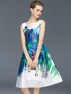 Acétate de forme mince impression Floral robe de Flare bleu