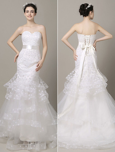 Bustier mariage robe pois Sweetheart hiérarchisé Chaple Train sirène robe de mariée avec ruban ceint