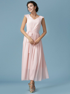 Robe Maxi rose Ruffles Sash en mousseline de soie robe