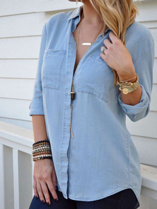 Denim bleu léger chemisier Blouse Casual Chic pour femmes