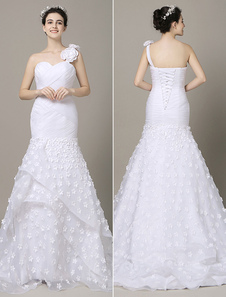 Fleurs d’Organza de mariée blanche une épaule robe Chaple Train appliques robe de mariée sirène en T