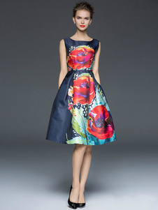 Acétate de forme mince impression Floral robe de Flare multicolor