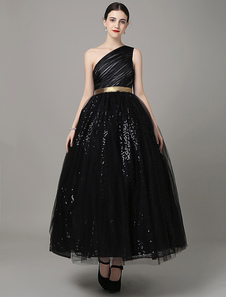 Paillettes d’une seule épaule robe de soirée asymétrique Sash Satin Prom robe