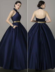 Halter bretelles robe de soirée, robe boule marine ceinture dos nu Satin Prom robe
