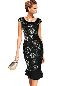 Robe sirène noire Ruffles robe Polyester Midi