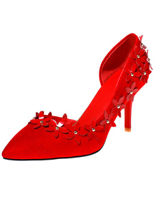 Fleurs rouges nuptiale pompes bout pointu Micro Suede mariage talons