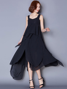 Black bretelles robe dos nu asymétrique de robe Maxi