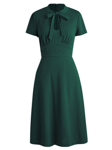 Vert Bow Ruffles robe Vintage pour femmes