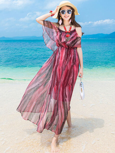 Red Cold-Shoulder rayures impression Maxi robe