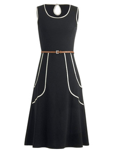 Rayures noires robe Sash robe Vintage Polyester