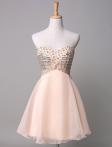 Robe de bal A-ligne chiffon champagne encolure en coeur avec perles mini