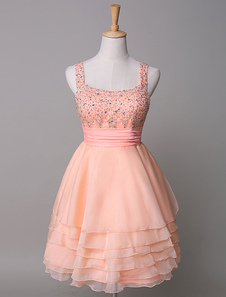 Robe de bal A-ligne chiffon rose à bretelles multicouche mini