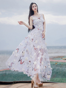 Papillon blanc impression Maxi robe dentelle semi Sheer Dress