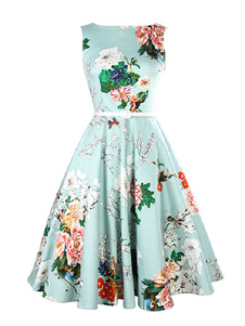 Flare imprimé Floral bleu robe Sash robe Vintage pour femmes