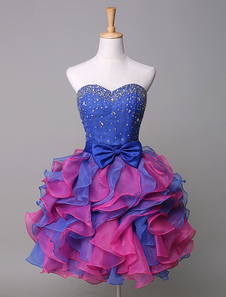 Robe de bal A-ligne en organza bleu roi multicouche mini