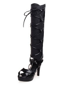 Plateforme noire bottes sandales lacets vitrée PU sandales pour femmes