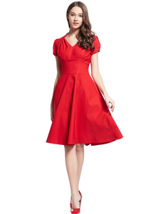Midi rouge Flare robe volants coton