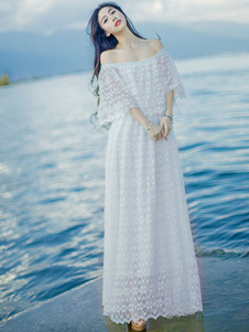 Long blanc en dentelle robe hors-la-épaule robe Maxi