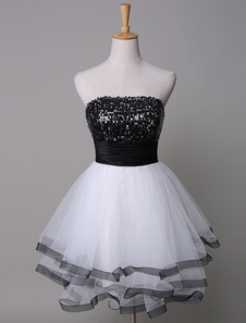 Robe de bal A-ligne en tulle noir bustier avec paillettes mini