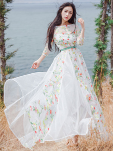 Floral impression Maxi robe de Tulle blanc brodé robe de Sash