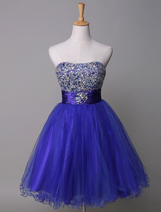 Robe de bal A-ligne en tulle bleu roi bustier avec perles mini