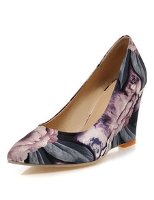 Wedge imprimé floral pourpre PU pompes pour les femmes