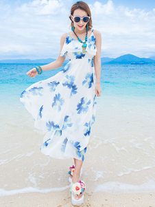 White bretelles robe imprimée Backless robe Maxi