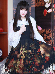 Lolita noire imprimée en mousseline de soie Jumper Skirt