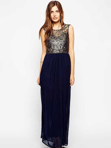 Dentelle bleue Maxi robe dos nu robe Chic