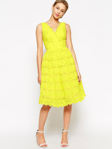 Bretelles jaune Midi Backless robe dentelle Flare