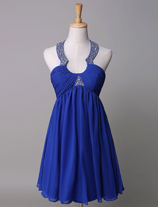Robe de bal chiffon bleu roi à licou ceinture rouge sans doublure avec jupon