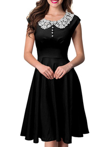 Plissée noire robe Vintage Polyester pour les femmes