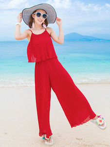 Sangles rouges Jumpsuit jambe large combinaison en mousseline de soie pour les femmes