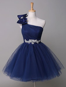 Robe de bal A-ligne en tulle bleu marine foncé avec noeud mini