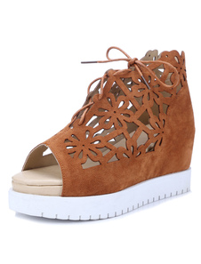 Superbe Micro Suede lacets supérieure sandales compensées Peep Toe de la femme