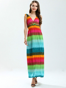 Sans manches couleur Spandex Block Drawstring Maxi Dress pour femme