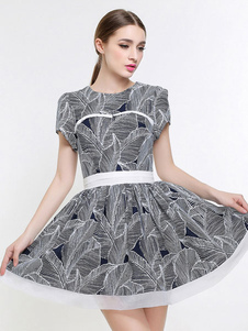 Bijou cou manches courtes plissée robe évasée imprimée