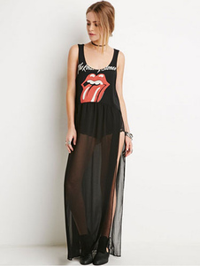 Lettres de Polyester sans manches impression Split Maxi Dress pour femme