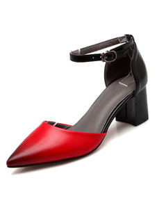 Rouge a souligné Toe PU cuir talons de mi-bas pour femme