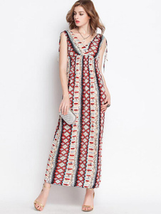 V-cou plissé robe Maxi sans manches femme