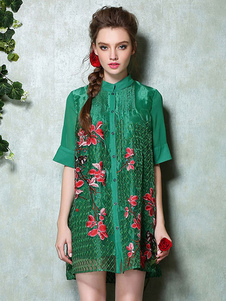 Stand attrayant col brodé robe Polyester femmes