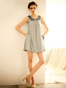 Fantastique lumière grise Peter Pan col paillettes coton robe femme