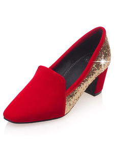 Red Square Toe Sequins Micro Suede haut talons mi-bas pour femmes