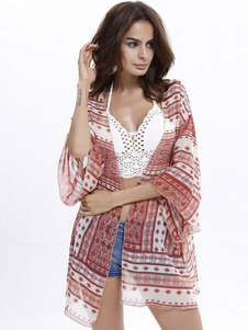 Mousseline de soie rouge imprimé couverture ouverte vers le haut pour les femmes